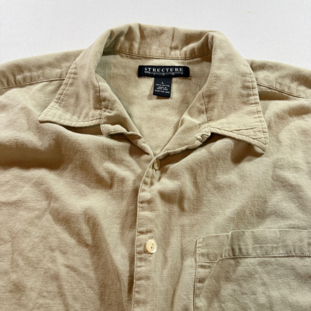 Structure Button Down Shirt Mens Large Tan Short Sleeve Textured Cotton Casual